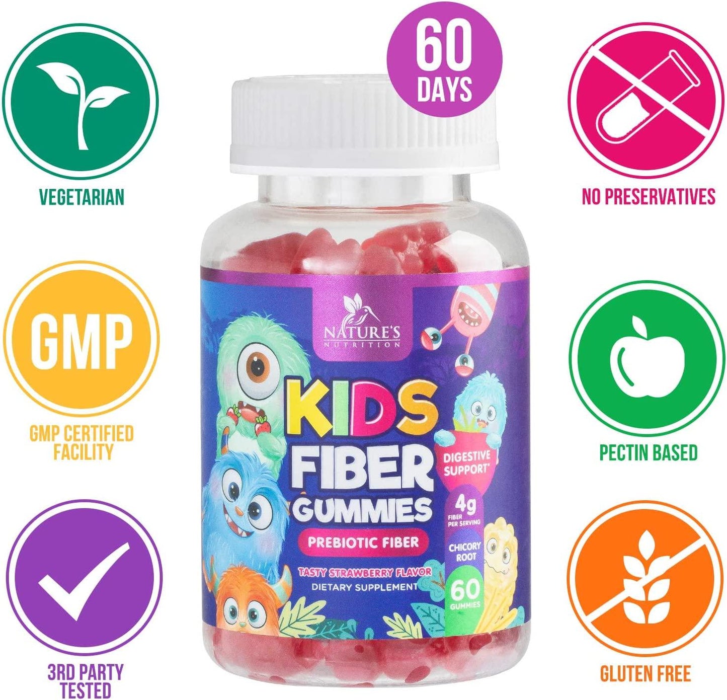 Fiber Gummies for Kids - Natural Dietary Fiber Supplement Supports Digestive Health with Chicory Root - Yummy Strawberry Flavor Gummy - 60 Gummies
