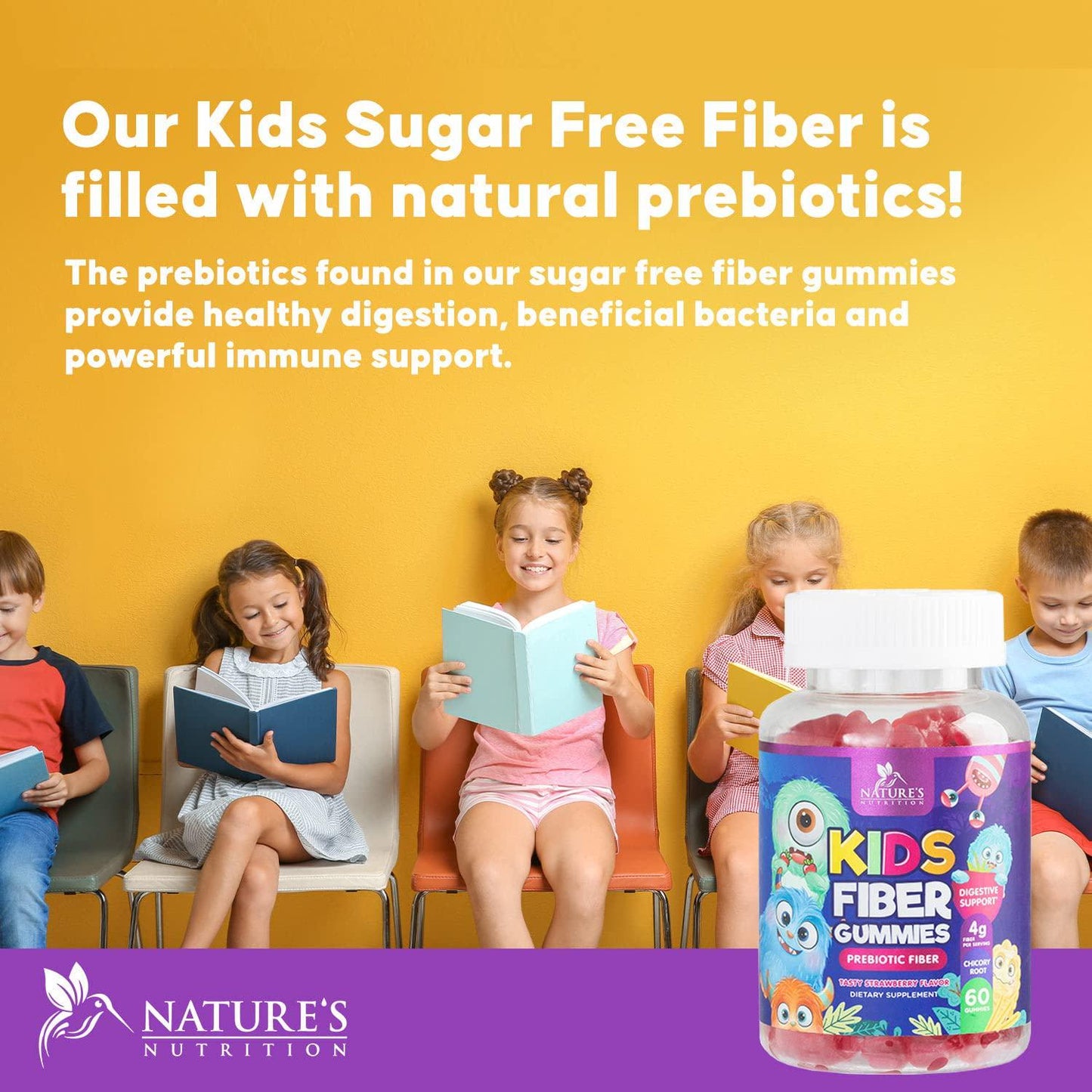 Fiber Gummies for Kids - Natural Dietary Fiber Supplement Supports Digestive Health with Chicory Root - Yummy Strawberry Flavor Gummy - 60 Gummies