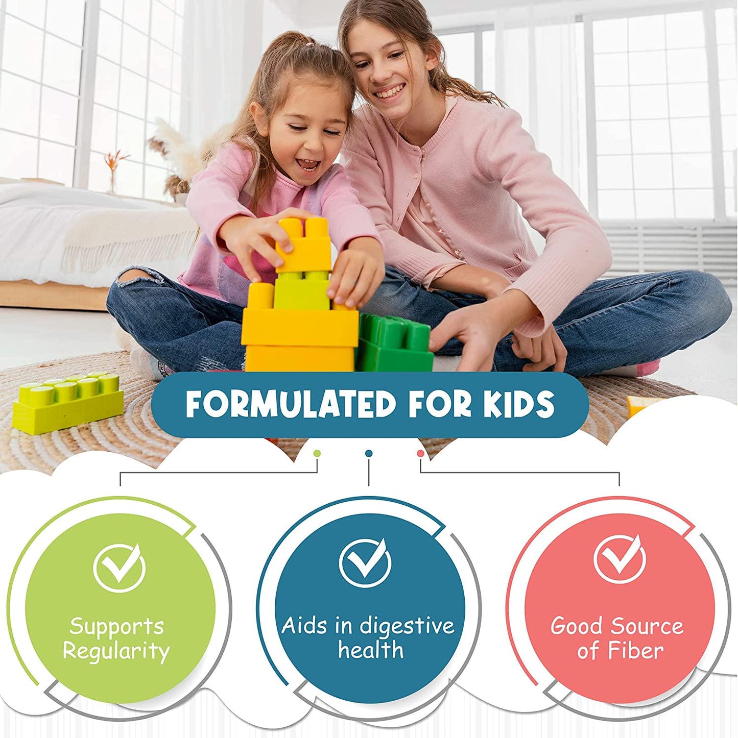 Fiber Gummies for Kids, Natural Dietary Fiber Gummy Supplement with Prebiotic Chicory Root Fiber, Natural Digestion Support, Tasty Strawberry Flavor, 60 Gummies