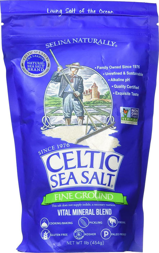 Fine Ground Celtic Sea Salt (1) 16 Ounce Resealable Bag of Nutritious, Classic Sea Salt, Great for Cooking, Baking, Pickling, Finishing and More, Pantry-Friendly, Gluten-Free