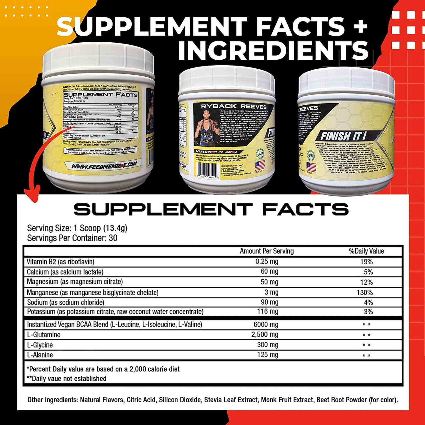 Finish It Premium Stevia BCAA Electrolyte Matrix #1 BCAA No Artificial Colors, Vegan/Keto Friendly 30 Servings