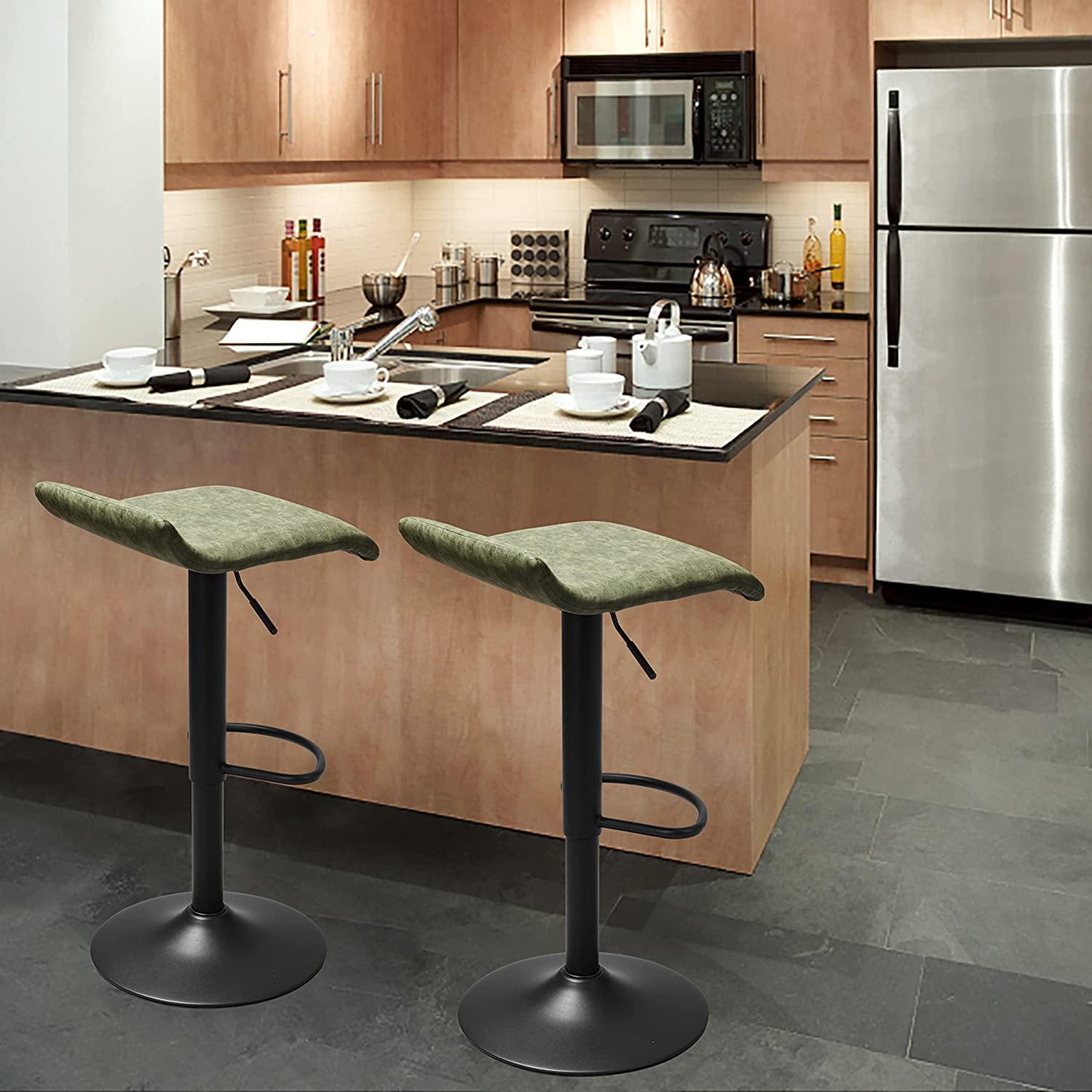 Finnhomy Bar Stools Set of 2 Counter Height, Swivel Barstools with Footrest and Backless, Height Adjustable Modern Bar stools for Kitchen, Vintage Leather, Retro Green