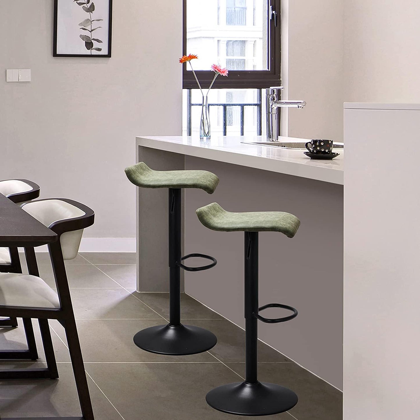 Finnhomy Bar Stools Set of 2 Counter Height, Swivel Barstools with Footrest and Backless, Height Adjustable Modern Bar stools for Kitchen, Vintage Leather, Retro Green