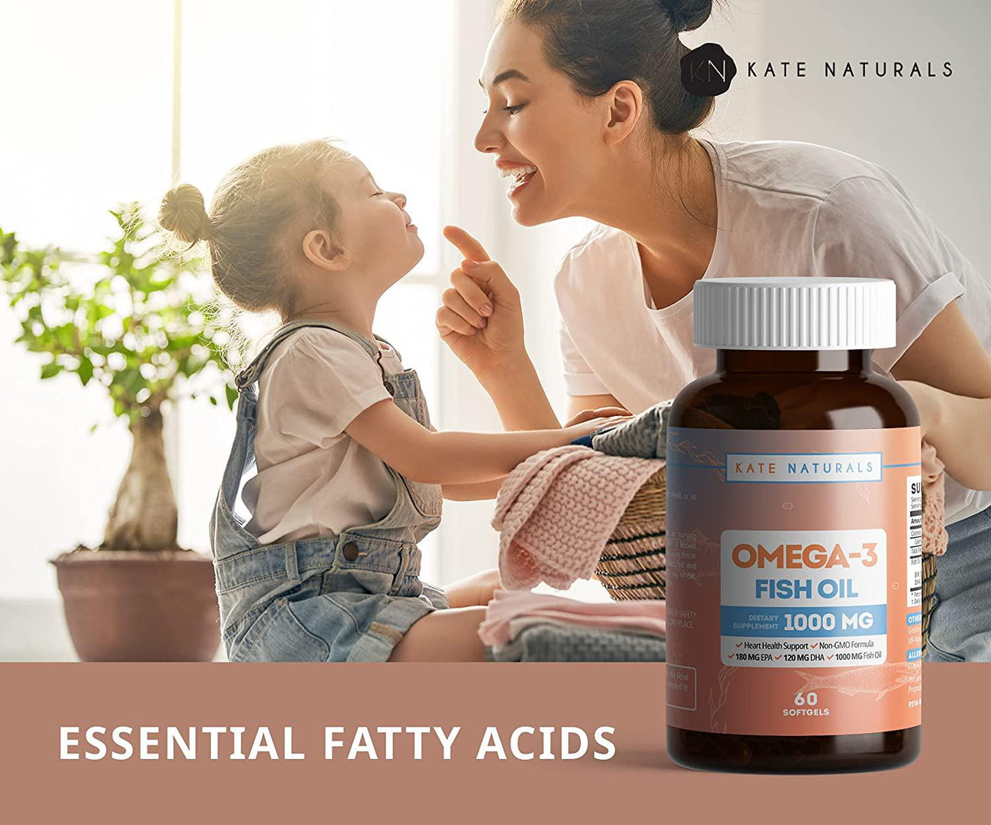 Fish Oil 1000mg with EPA/DHA and Omega-3 by Kate Natural. Triple Strength. Supports Heart Health. Non-GMO Formula. 60 Softgels (2 Bottles)