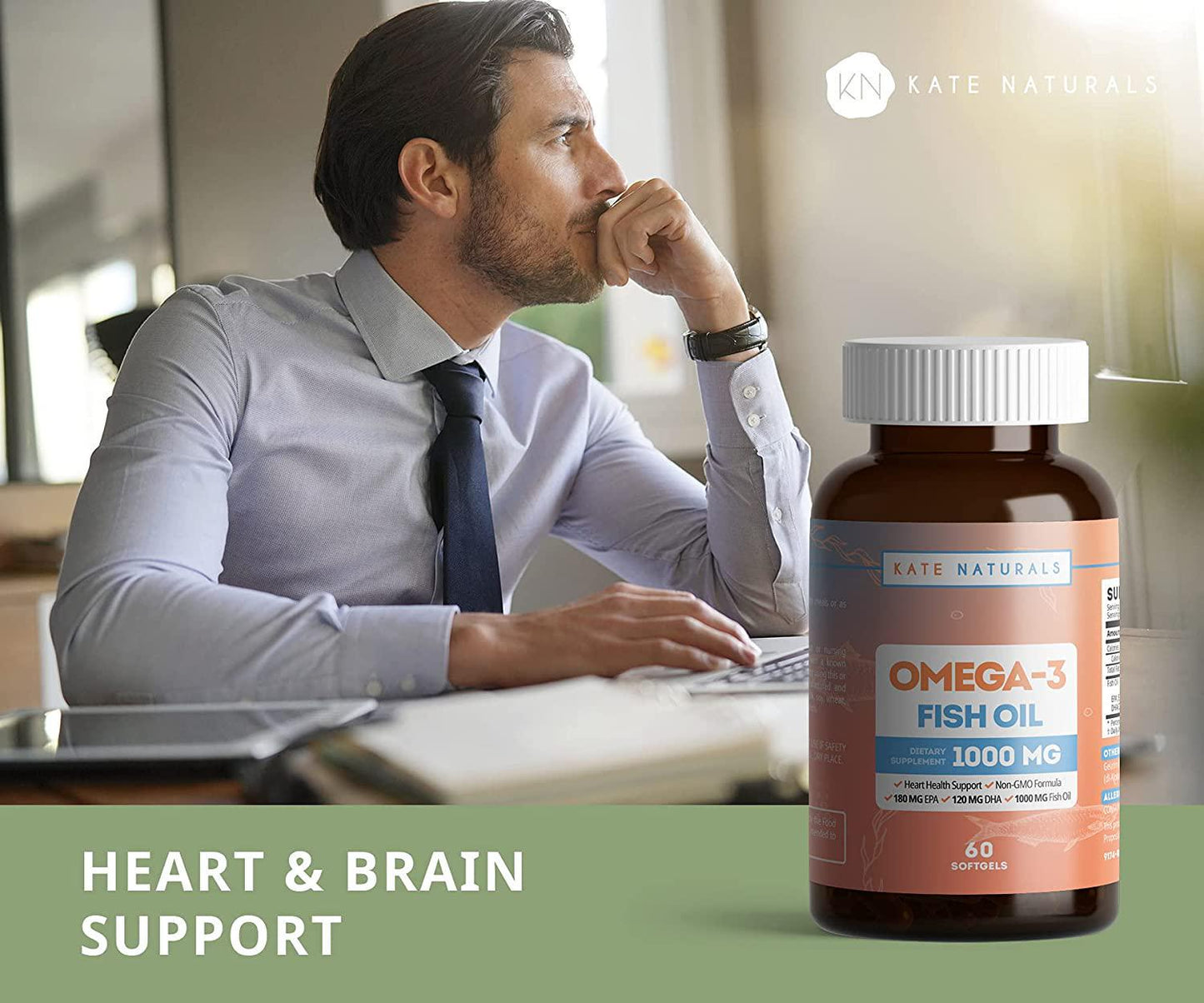 Fish Oil 1000mg with EPA/DHA and Omega-3 by Kate Natural. Triple Strength. Supports Heart Health. Non-GMO Formula. 60 Softgels (2 Bottles)