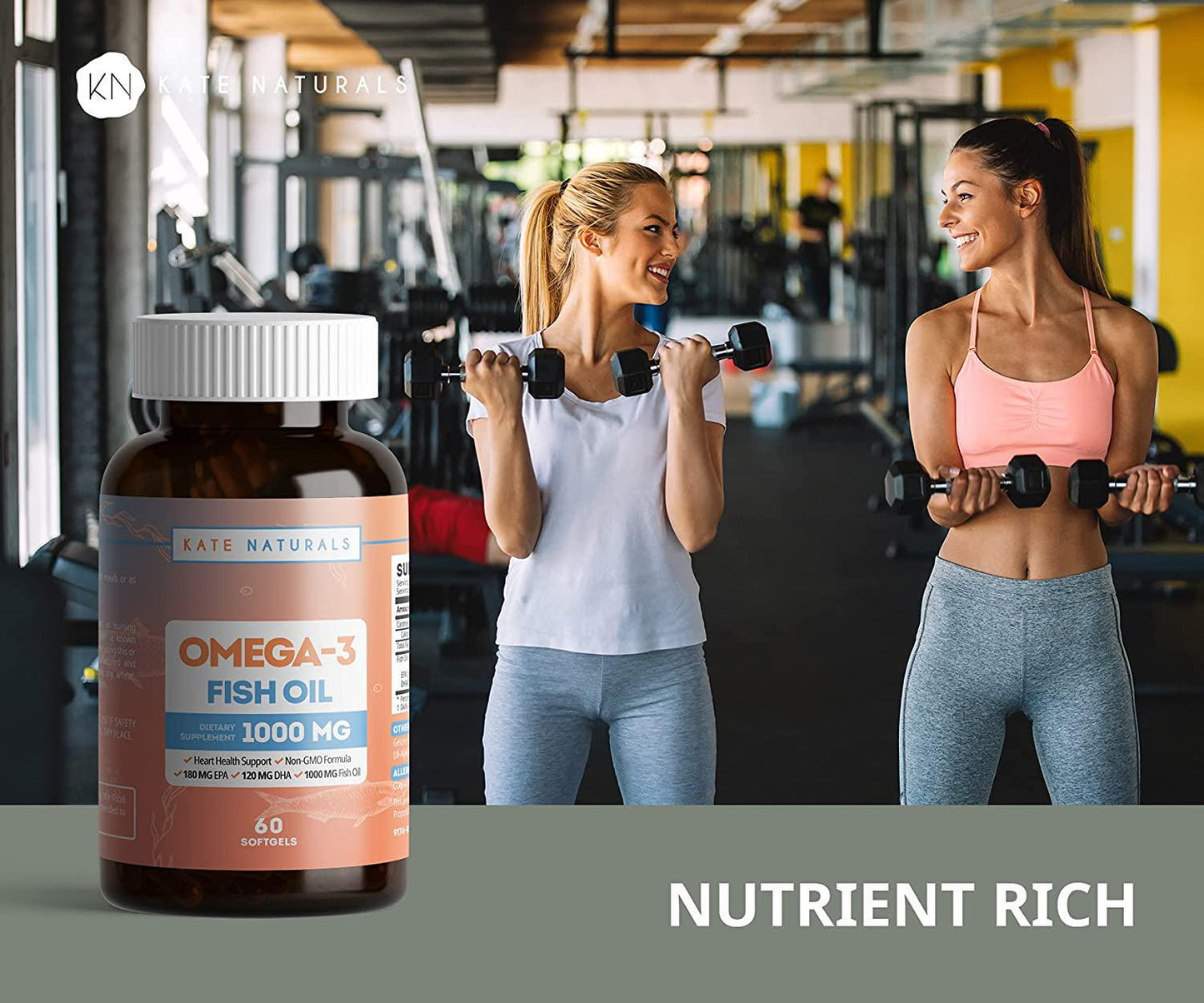 Fish Oil 1000mg with EPA/DHA and Omega-3 by Kate Natural. Triple Strength. Supports Heart Health. Non-GMO Formula. 60 Softgels (2 Bottles)