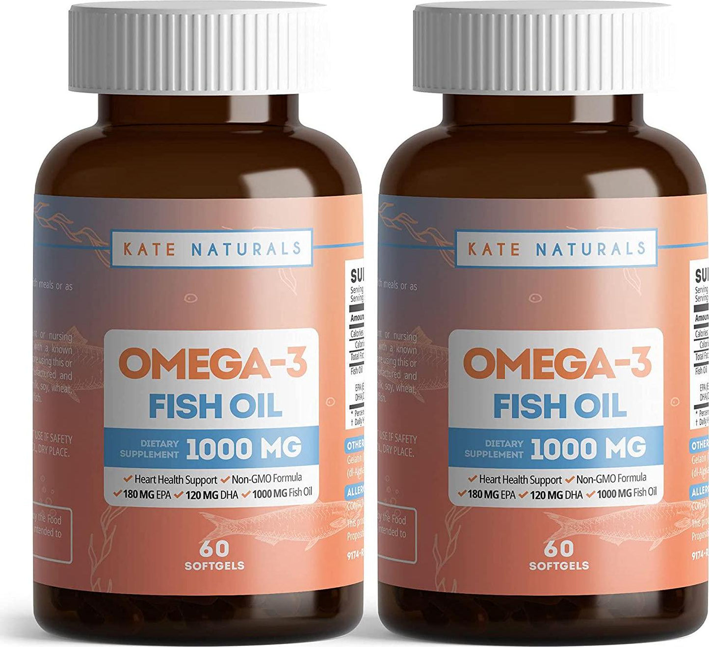 Fish Oil 1000mg with EPA/DHA and Omega-3 by Kate Natural. Triple Strength. Supports Heart Health. Non-GMO Formula. 60 Softgels (2 Bottles)