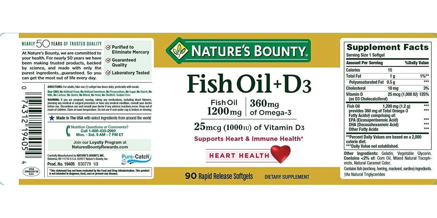Fish Oil plus Vitamin D3 by Nature's Bounty, Contains Omega 3, Immune Support and Supports Heart Health, 1200mg Fish Oil, 360mg Omega 3, 1000IU Vitamin D3, 90 Softgels