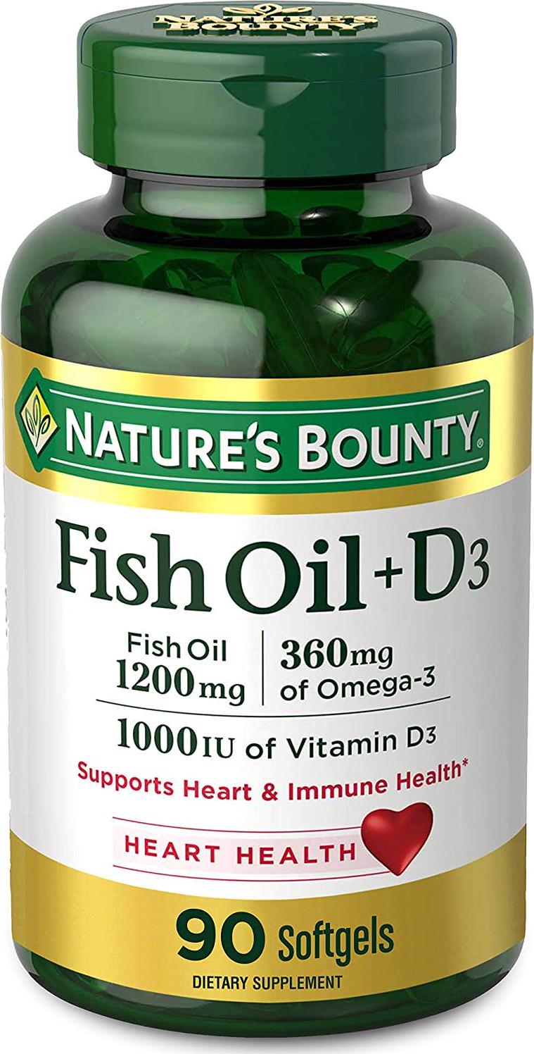 Fish Oil plus Vitamin D3 by Nature's Bounty, Contains Omega 3, Immune Support and Supports Heart Health, 1200mg Fish Oil, 360mg Omega 3, 1000IU Vitamin D3, 90 Softgels
