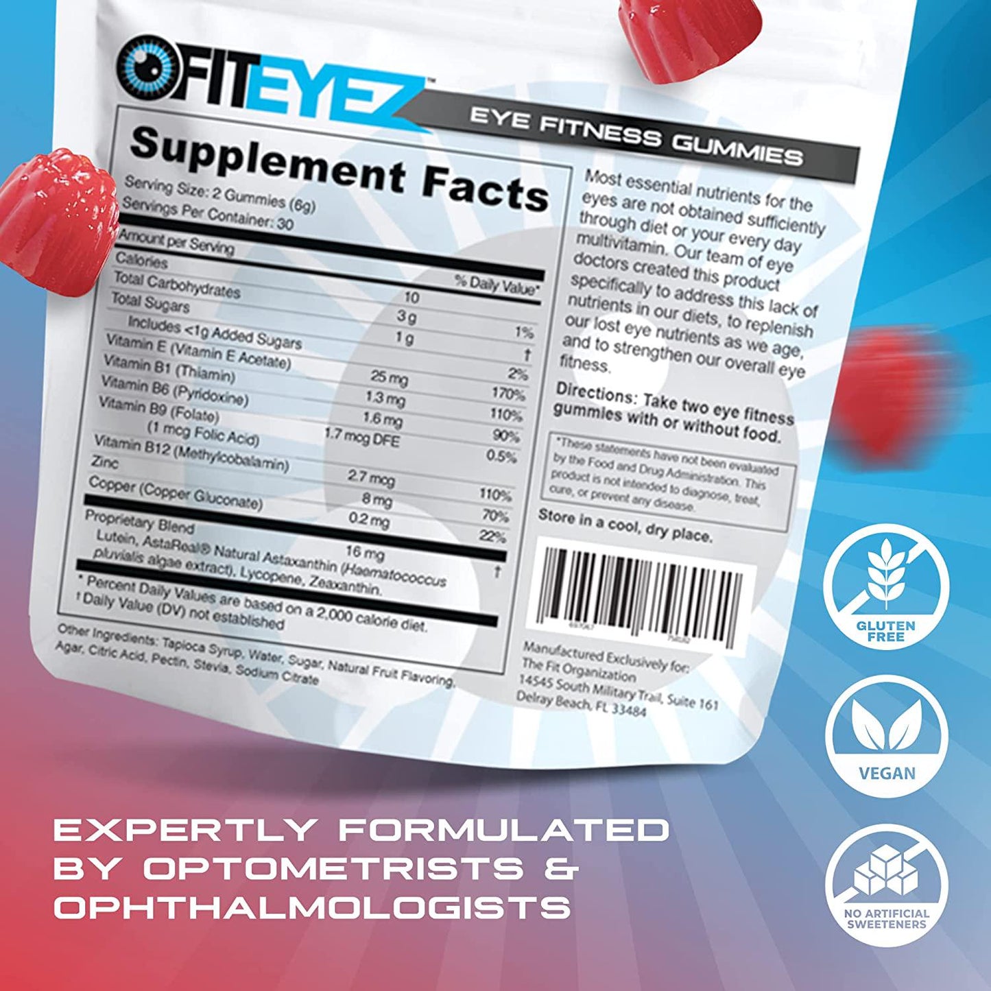 FitEyez Eye Fitness Gummies | Eye Vitamins with Lutein and Zeaxanthin Eye Support Supplements | Wild Berry Flavor | 30 Servings, 60 Chewable Gummies