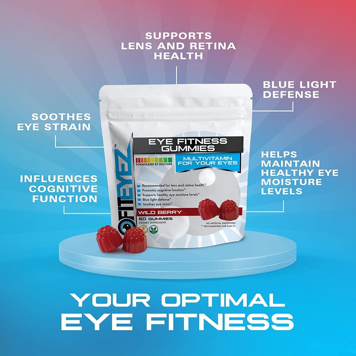 FitEyez Eye Fitness Gummies | Eye Vitamins with Lutein and Zeaxanthin Eye Support Supplements | Wild Berry Flavor | 30 Servings, 60 Chewable Gummies