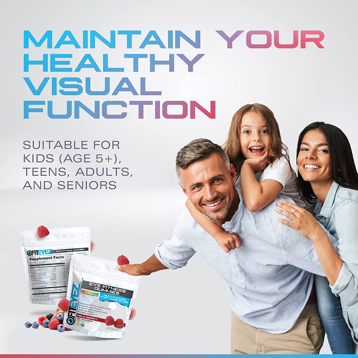 FitEyez Eye Fitness Gummies | Eye Vitamins with Lutein and Zeaxanthin Eye Support Supplements | Wild Berry Flavor | 30 Servings, 60 Chewable Gummies