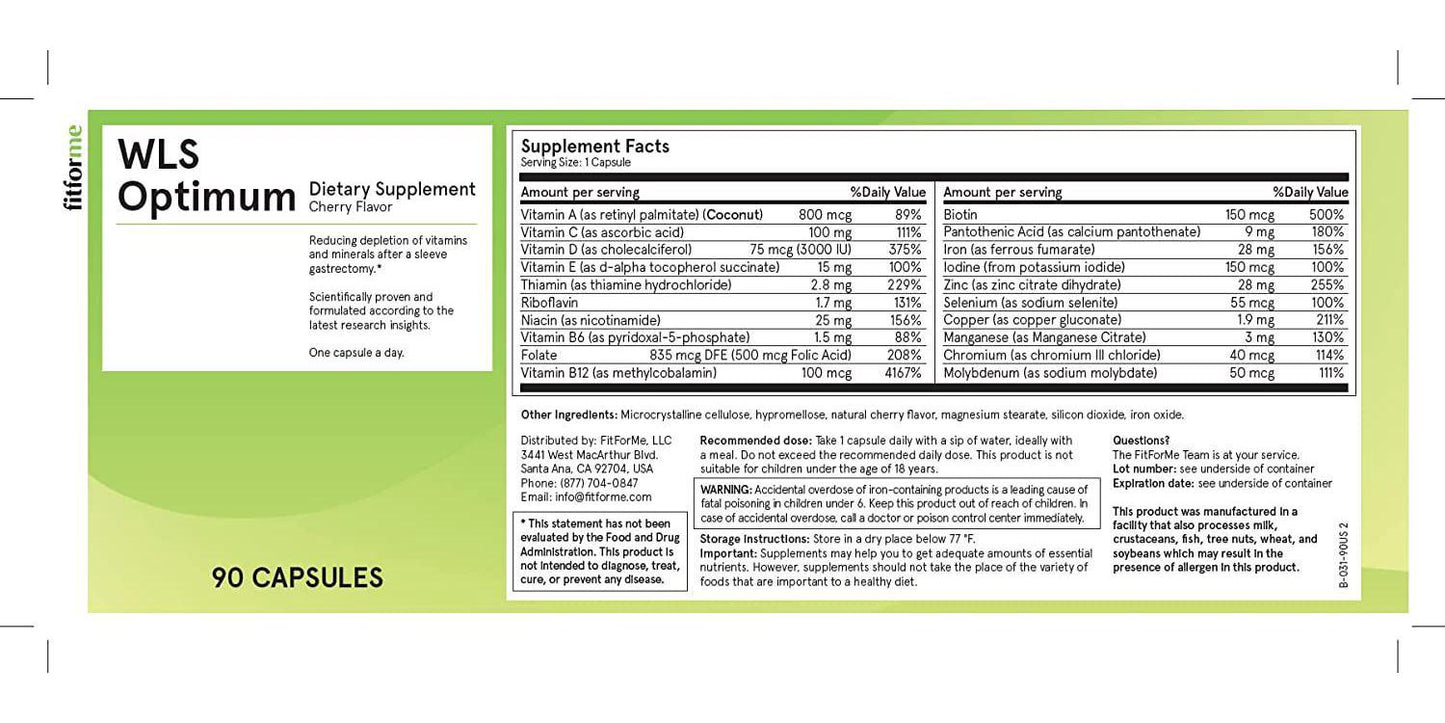 FitForMe Bariatric Multivitamins After Gastric Sleeve, WLS Optimum Capsules Cherry Flavor, 90 Day Pack
