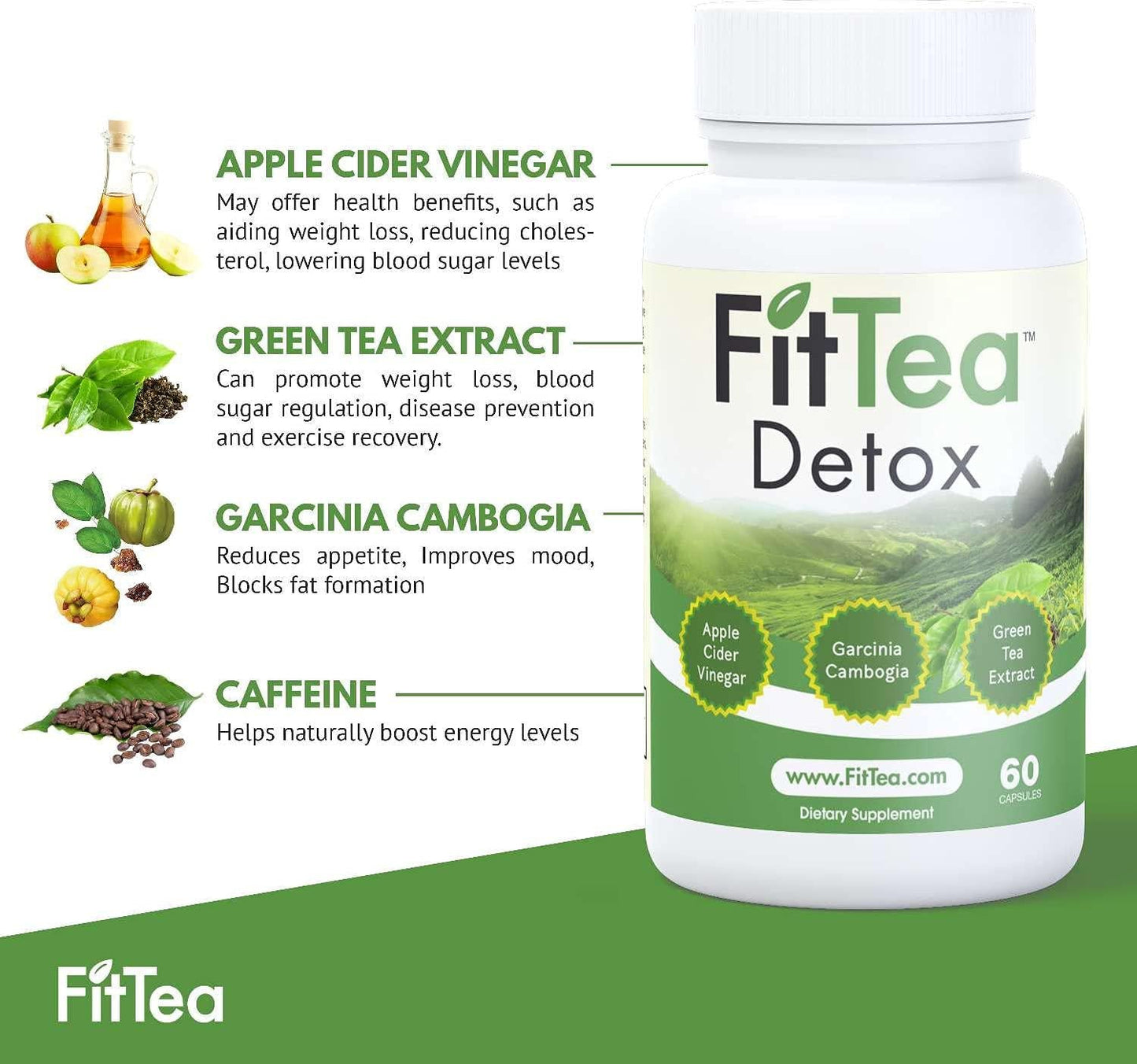 FitTea Detox Fatburner: Weight Loss Supplement, Appetite Suppressant, and Energy Booster - Premium Fat Burning with Garcinia Cambogia, Apple Cider Vinegar and Natural Caffeine - 60 Natural Capsules