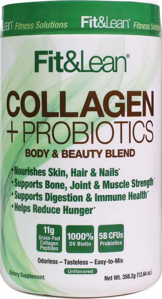 Fit and Lean Collagen + Probiotics- Grass-fed Collagen Peptide Powder, Unflavored, 12.64oz