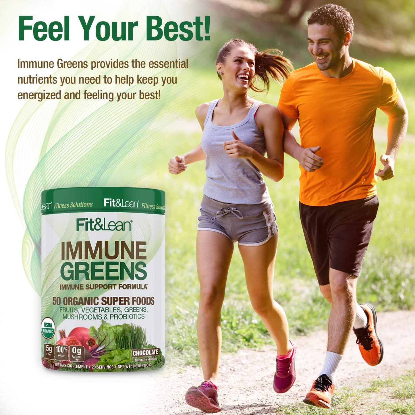 Fit and Lean Immune Greens Powder, Organic, Super Food, Non-gmo, Natural, Vegan Shake, Chocolate 10.6oz