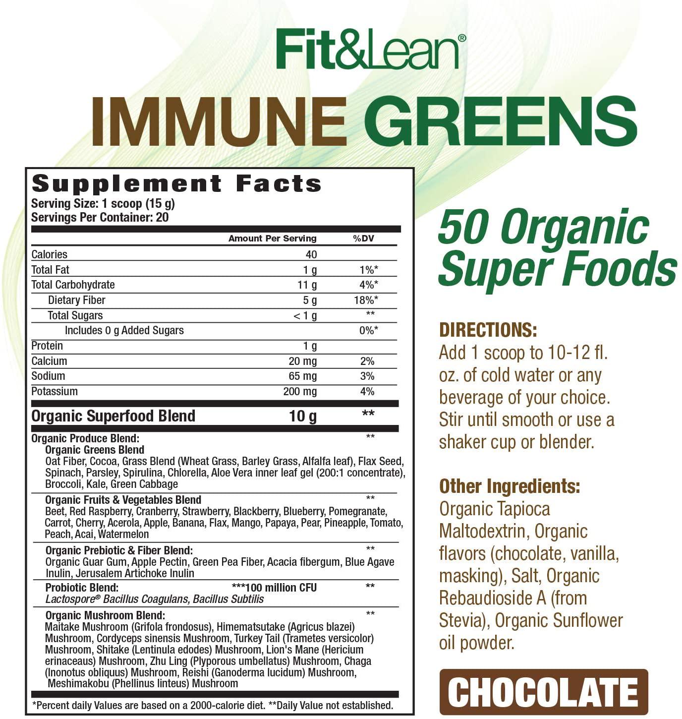 Fit and Lean Immune Greens Powder, Organic, Super Food, Non-gmo, Natural, Vegan Shake, Chocolate 10.6oz