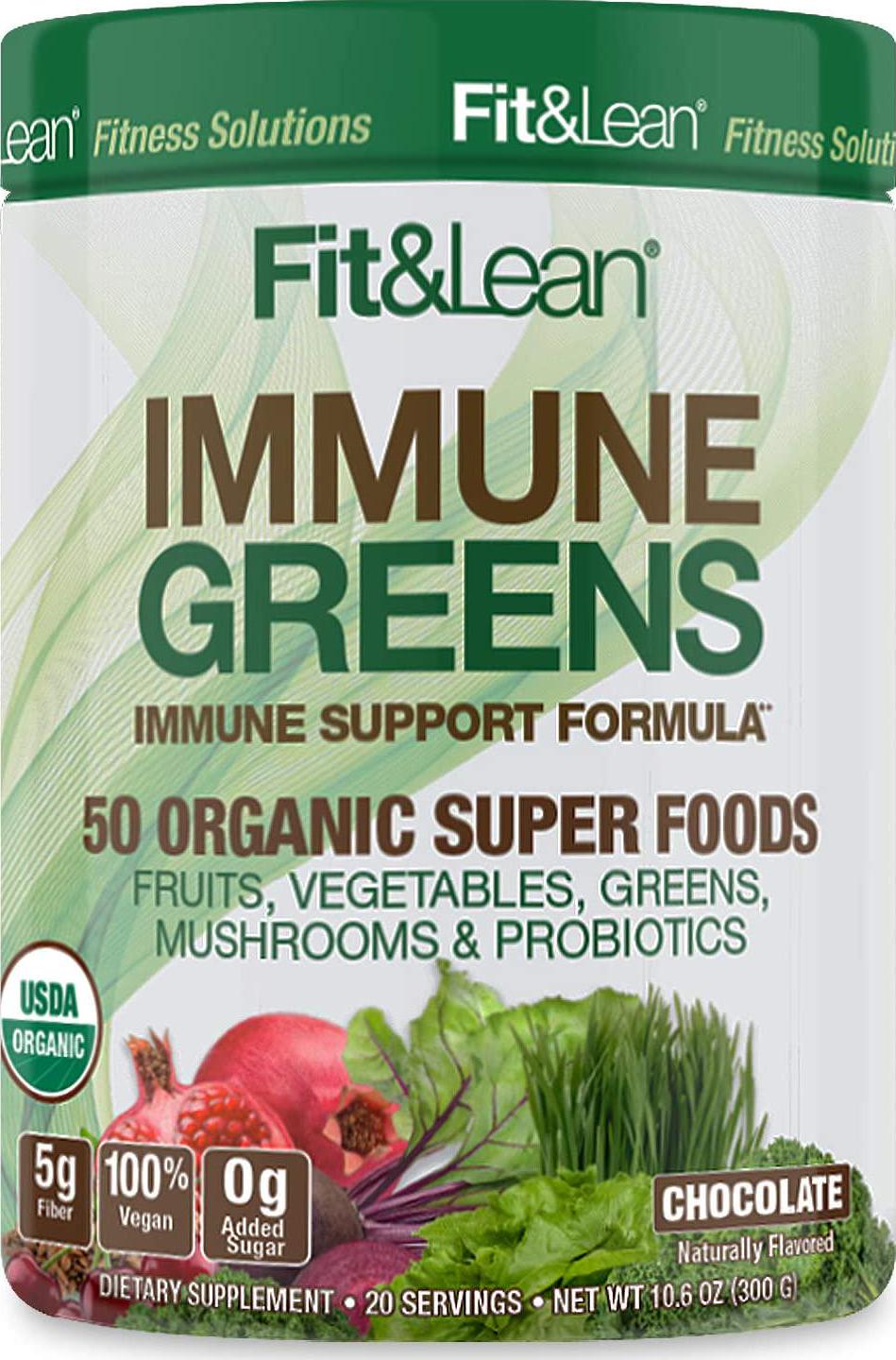 Fit and Lean Immune Greens Powder, Organic, Super Food, Non-gmo, Natural, Vegan Shake, Chocolate 10.6oz