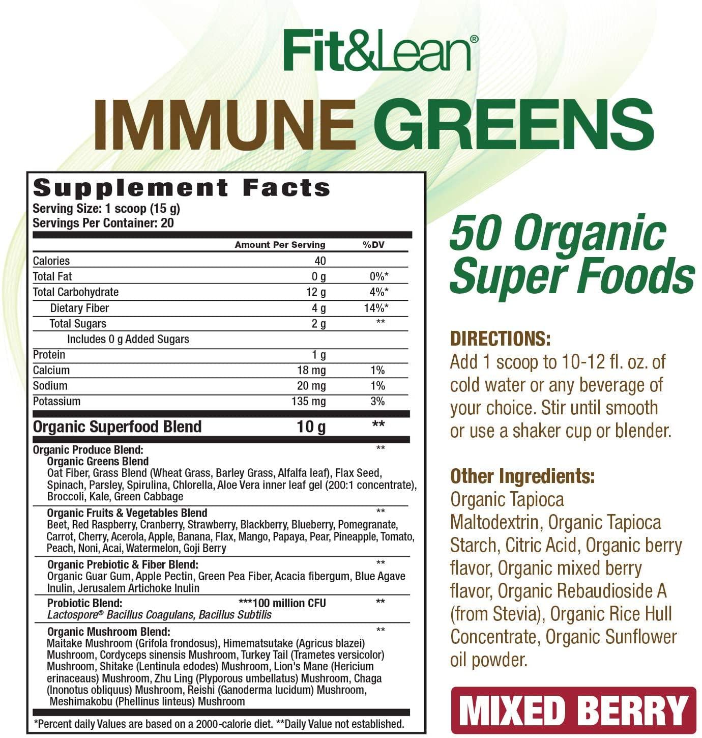 Fit and Lean Immune Greens Powder, Organic, Super Food, Non-gmo, Natural, Vegan Shake, Berry 10.6oz