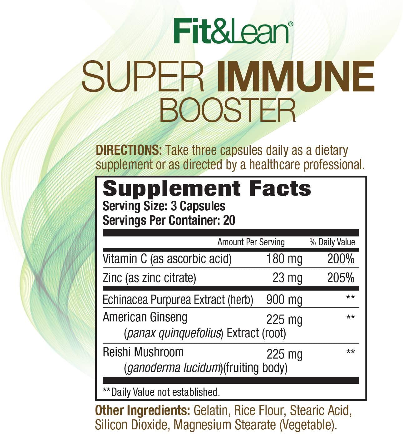 Fit and lean Super Immune Booster With Vitamin C, Zinc and Echinacea, Immune Support, Antioxidants, 60 Ct