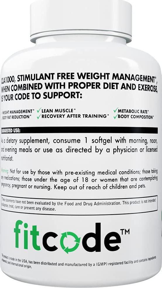 Fitcode CLA1000 Conjugated Linoleic Acid, Soft Gel, Stimulant Free Weight Loss Supplement (90 Servings)