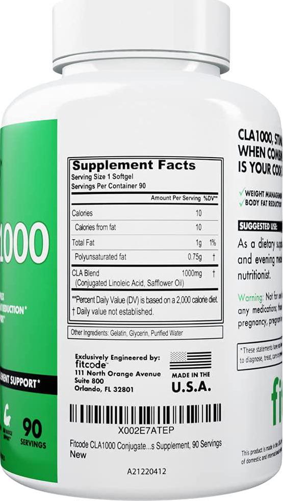 Fitcode CLA1000 Conjugated Linoleic Acid, Soft Gel, Stimulant Free Weight Loss Supplement (90 Servings)