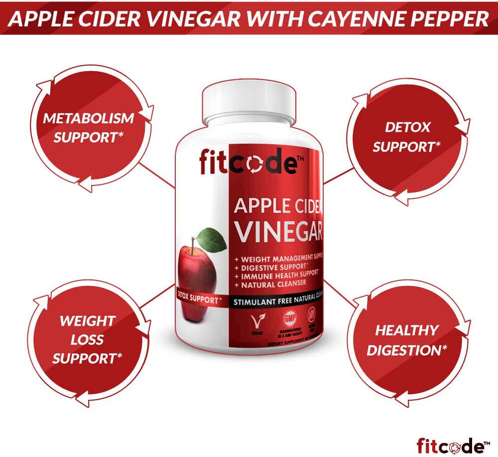 Fitcode Extra Strength Apple Cider Vinegar Pills, 500mg, Natural Digestion, Detox, and Immune Support Apple Cider Powder with Cayenne Pepper for Enhanced Cleansing and Weight Loss Support, 60 Capsules