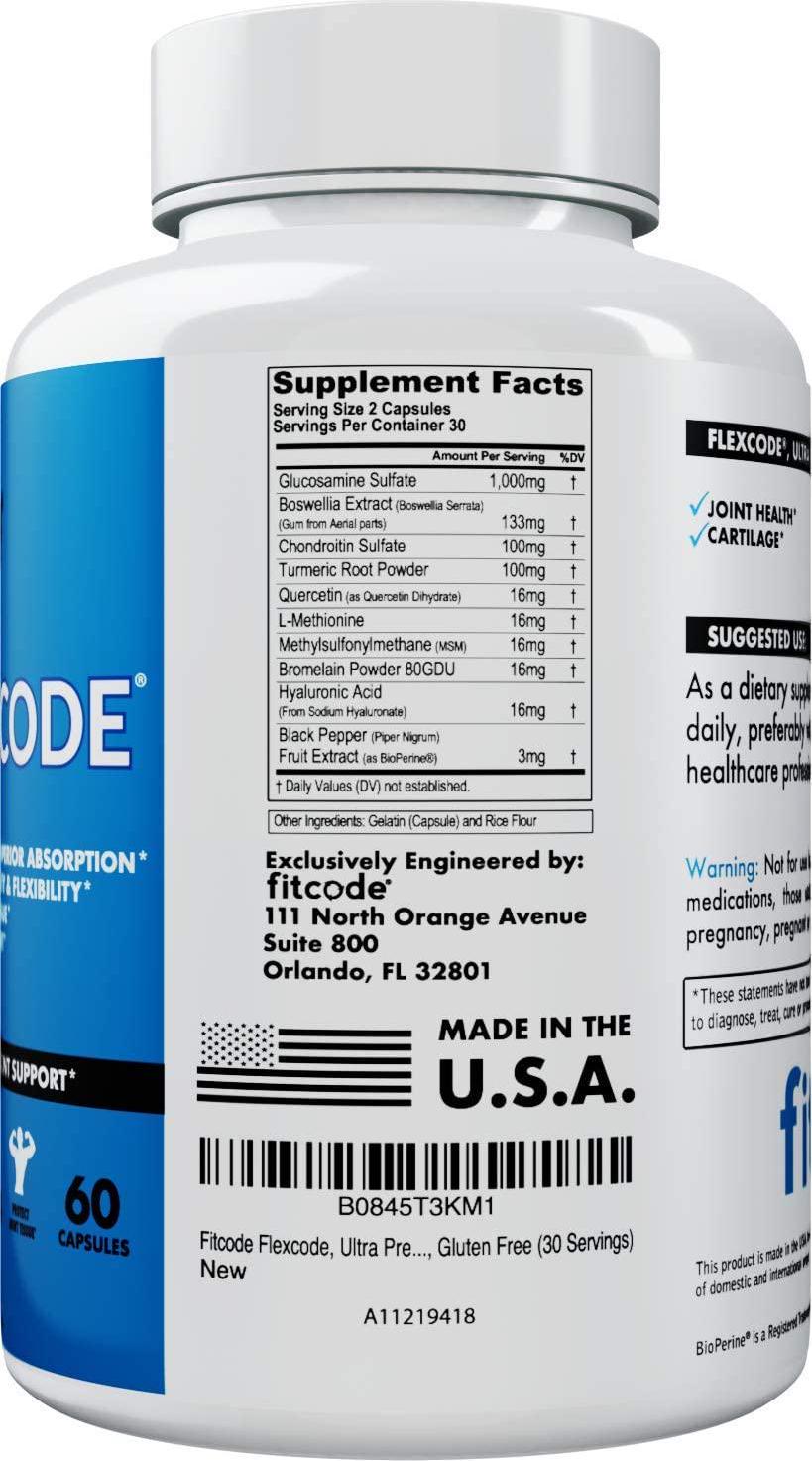 Fitcode Flexcode, Ultra Premium Joint Support, Glucosamine, Turmeric, MSM, Chondroitin, Hyaluronic Acid, Gluten-Free, for Men and Women, (30 Servings)