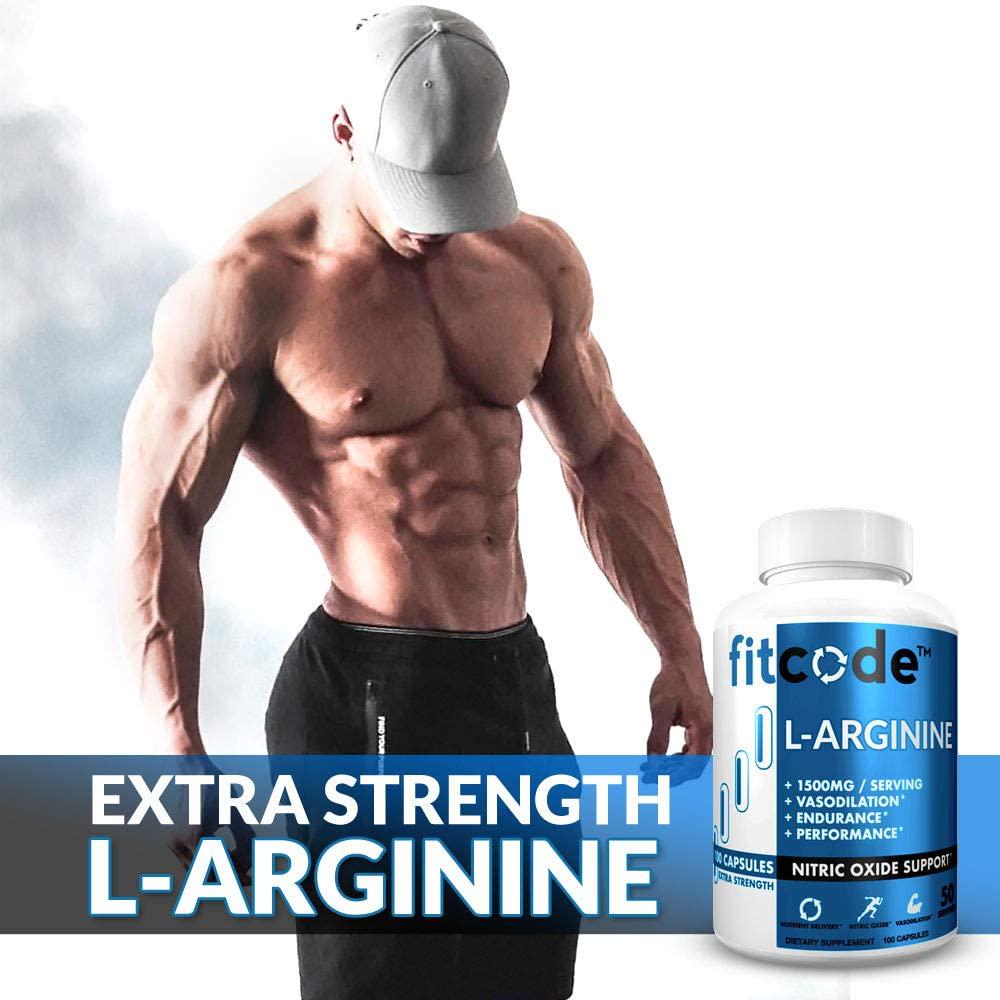 Fitcode Pure Extra Strength L-Arginine HCl 1500mg, Nitric Oxide Supplement for Vascularity, Pumps, Endurance, Performance, Muscle Growth, Energy, Powerful N.O. Muscle Pump Capsules (50 Servings)