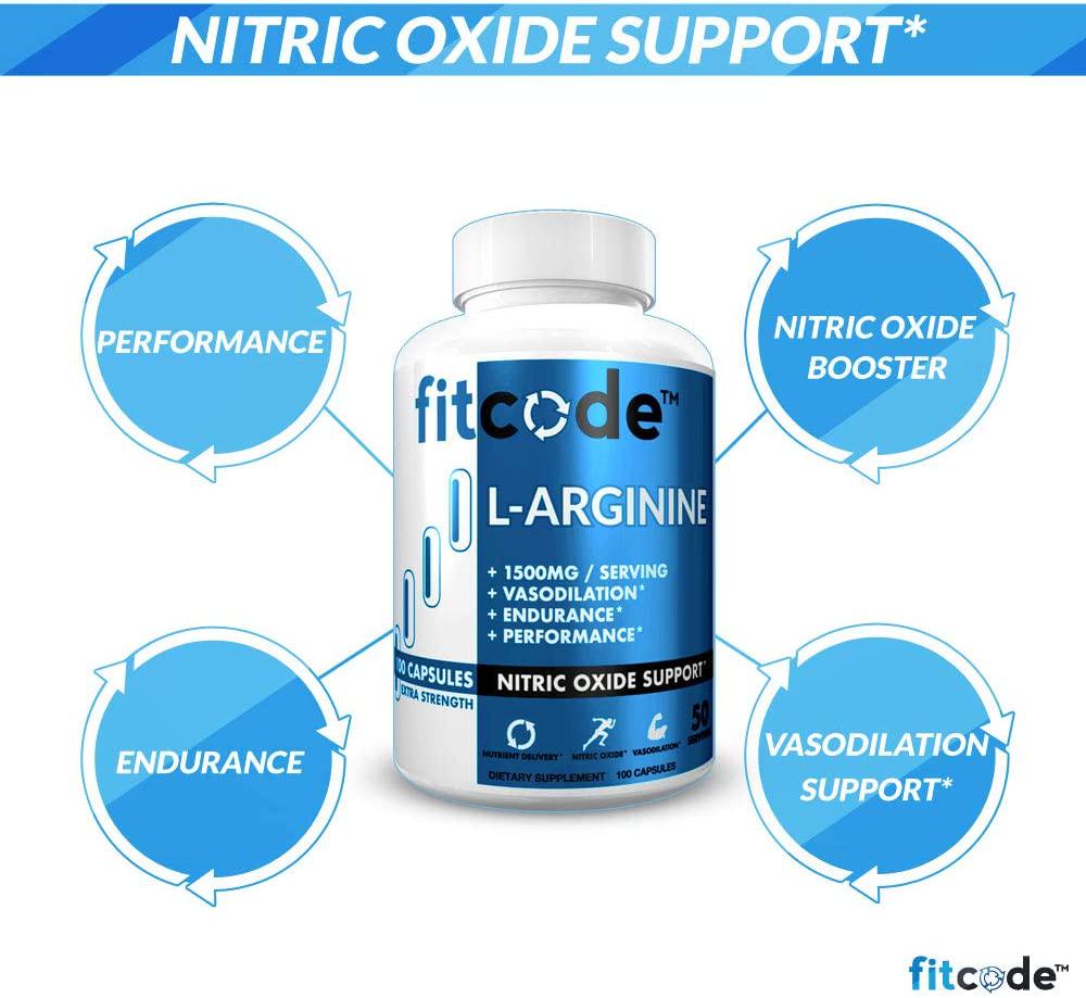 Fitcode Pure Extra Strength L-Arginine HCl 1500mg, Nitric Oxide Supplement for Vascularity, Pumps, Endurance, Performance, Muscle Growth, Energy, Powerful N.O. Muscle Pump Capsules (50 Servings)