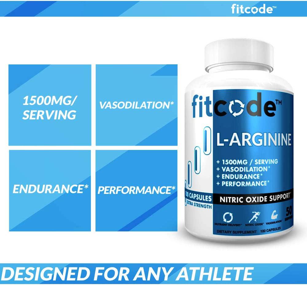 Fitcode Pure Extra Strength L-Arginine HCl 1500mg, Nitric Oxide Supplement for Vascularity, Pumps, Endurance, Performance, Muscle Growth, Energy, Powerful N.O. Muscle Pump Capsules (50 Servings)