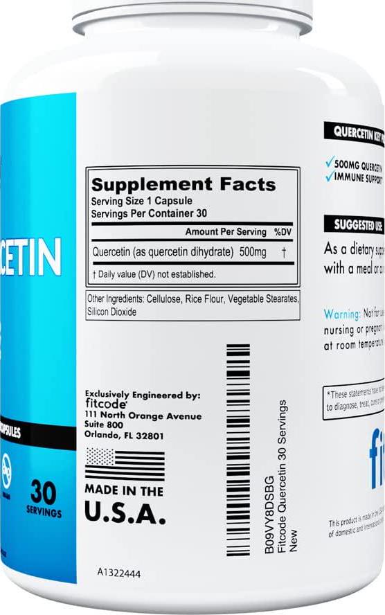 Fitcode Quercetin 500mg Antioxidant Supplement - Daily Immune Support Supplement with Extra Strength Quercetin Dihydrate Flavonoids - Ultra Potent Quercetin Supplement for Joint Support and Immunity
