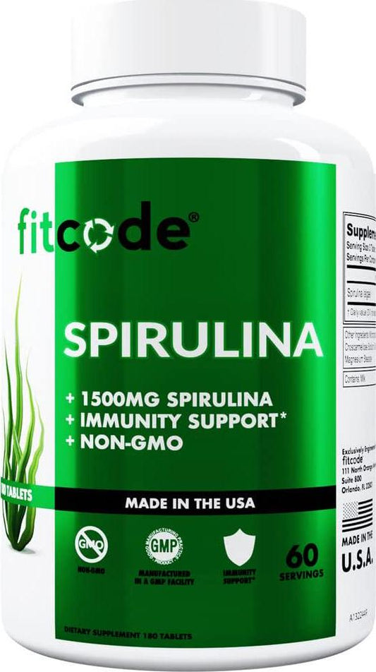 Fitcode Spirulina Tablet 1500 mg - Antioxidant Rich Spirulina Energy Supplement with Vitamin B Potassium Magnesium and Iron for Immune Support - Blue Green Algae Protein Supplement for Heart Health