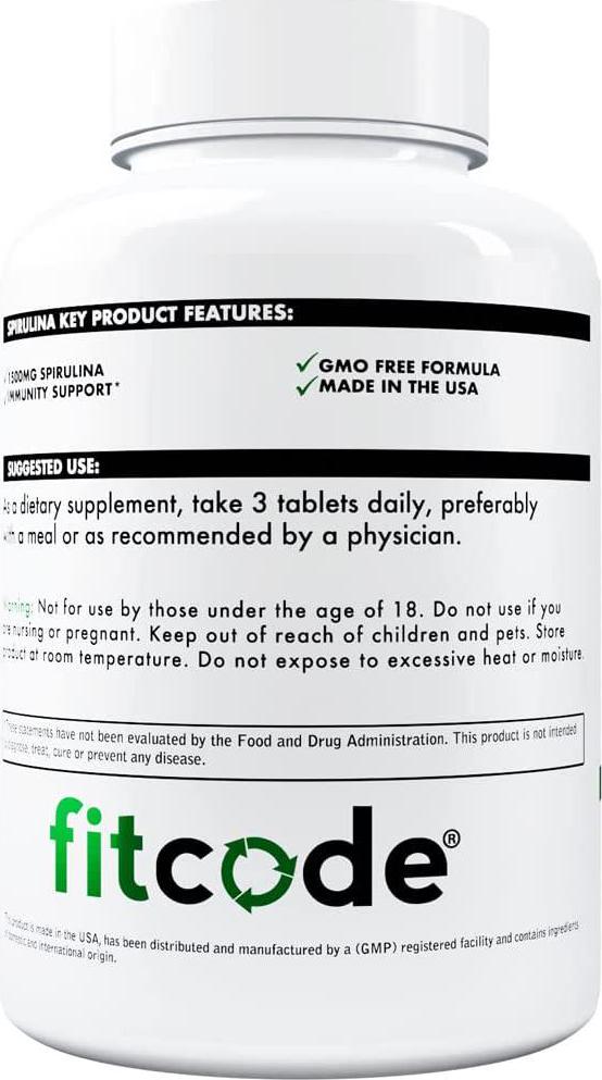 Fitcode Spirulina Tablet 1500 mg - Antioxidant Rich Spirulina Energy Supplement with Vitamin B Potassium Magnesium and Iron for Immune Support - Blue Green Algae Protein Supplement for Heart Health