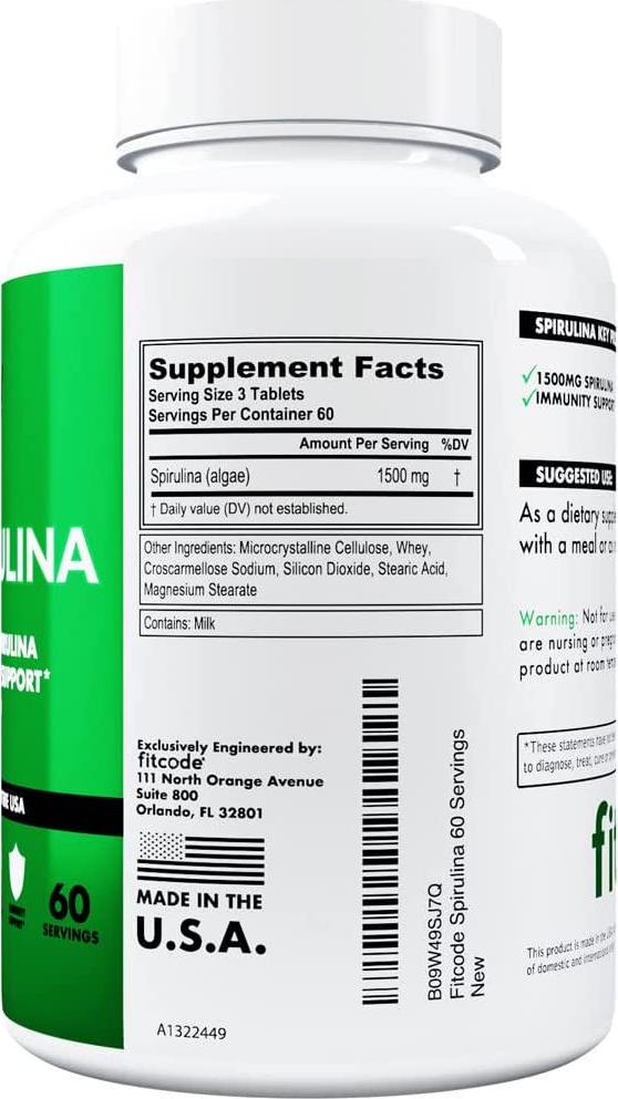 Fitcode Spirulina Tablet 1500 mg - Antioxidant Rich Spirulina Energy Supplement with Vitamin B Potassium Magnesium and Iron for Immune Support - Blue Green Algae Protein Supplement for Heart Health