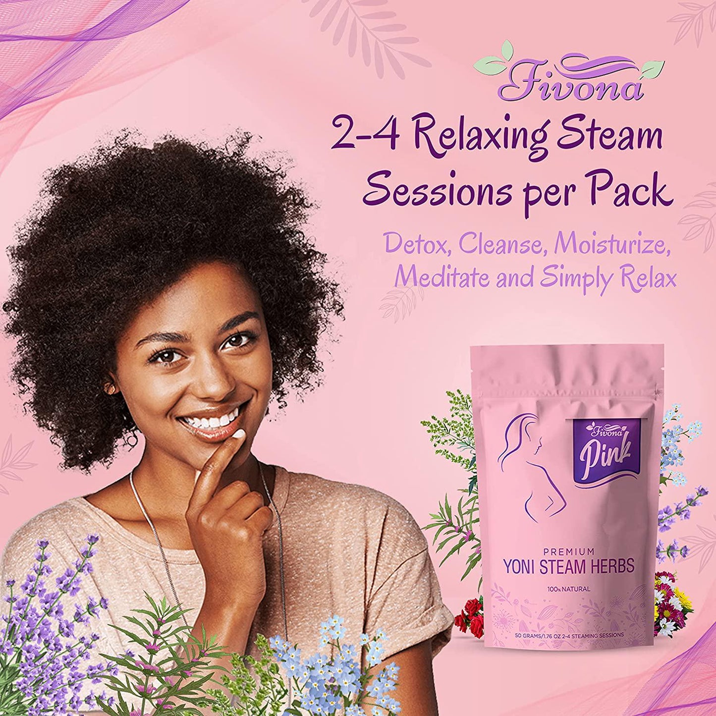 Fivona Pink Premium Yoni Steam Herbs - Steaming Natural Herbal Mix - 100% Pure Blend - Yoni Detox, Cleansing, PH Balance for Women - Revitalizing and Rejuvenating V Steam - 2 to 4 Steams - 1.76 oz