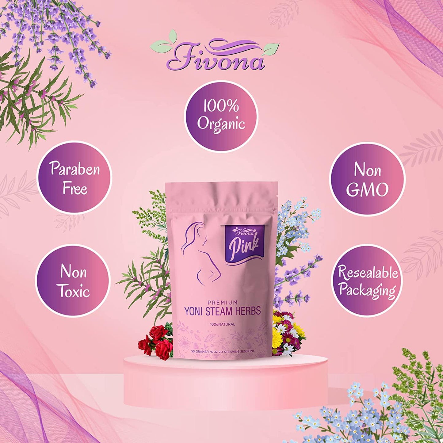 Fivona Pink Premium Yoni Steam Herbs - Steaming Natural Herbal Mix - 100% Pure Blend - Yoni Detox, Cleansing, PH Balance for Women - Revitalizing and Rejuvenating V Steam - 2 to 4 Steams - 1.76 oz