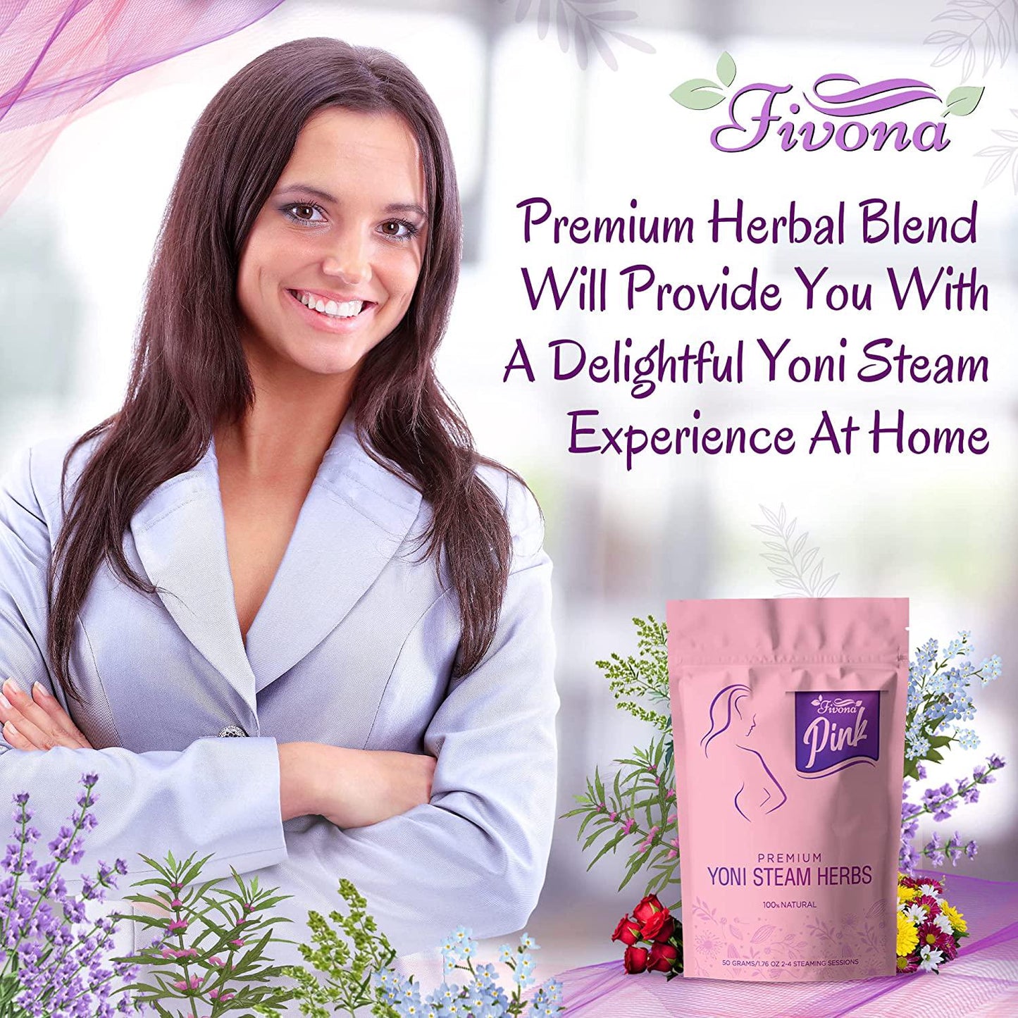Fivona Pink Premium Yoni Steam Herbs - Steaming Natural Herbal Mix - 100% Pure Blend - Yoni Detox, Cleansing, PH Balance for Women - Revitalizing and Rejuvenating V Steam - 2 to 4 Steams - 1.76 oz
