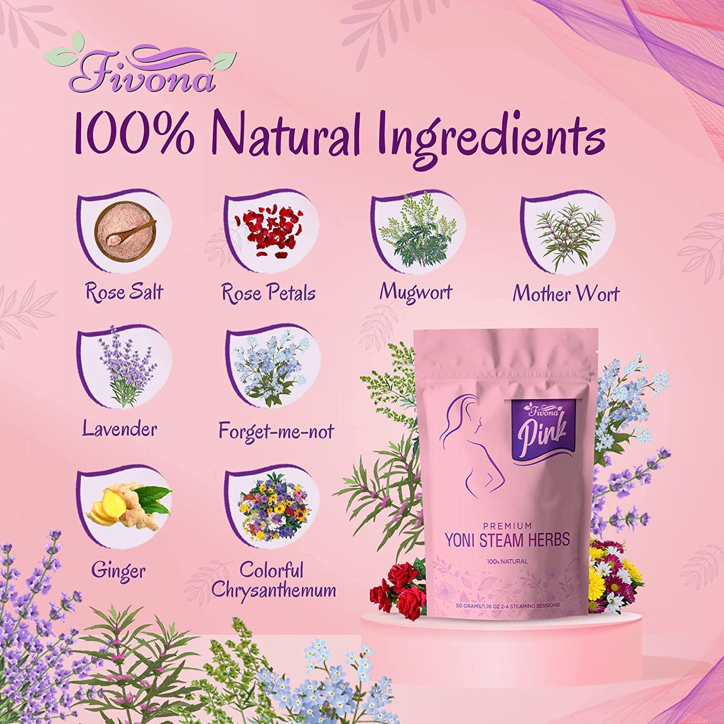 Fivona Pink Premium Yoni Steam Herbs - Steaming Natural Herbal Mix - 100% Pure Blend - Yoni Detox, Cleansing, PH Balance for Women - Revitalizing and Rejuvenating V Steam - 2 to 4 Steams - 1.76 oz