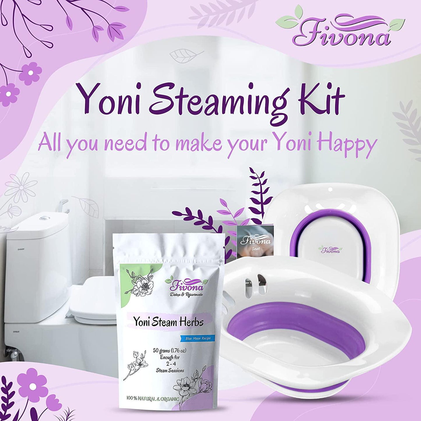 Fivona Yoni Steam Kit Over The Toilet Seat with Steaming Herbs Blue Moon Recipe for Detox, Cleansing, PH Balance and Odor Control