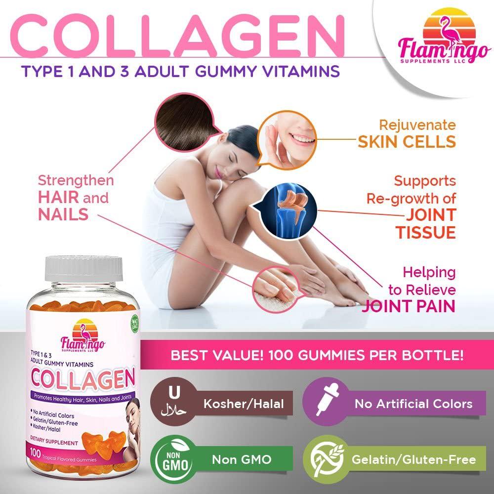 Flamingo Supplements - Hydrolyzed Collagen Gummies Type I and III | Kosher and Halal, No Gelatin, Non GMO | Strengthen Hair, Skin, Nails and Joint Care | Tropical Flavor | 100 Count