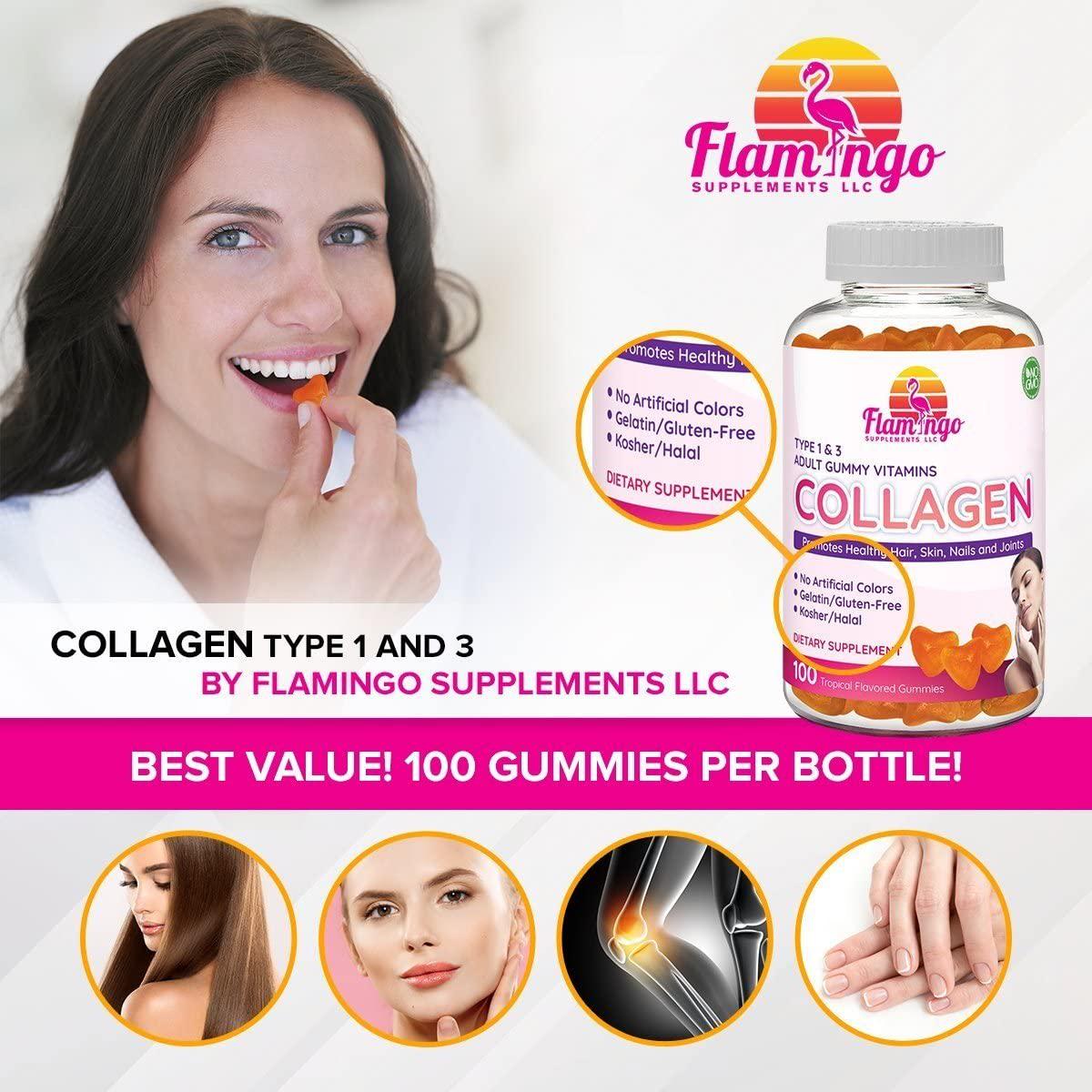 Flamingo Supplements - Hydrolyzed Collagen Gummies Type I and III | Kosher and Halal, No Gelatin, Non GMO | Strengthen Hair, Skin, Nails and Joint Care | Tropical Flavor | 100 Count