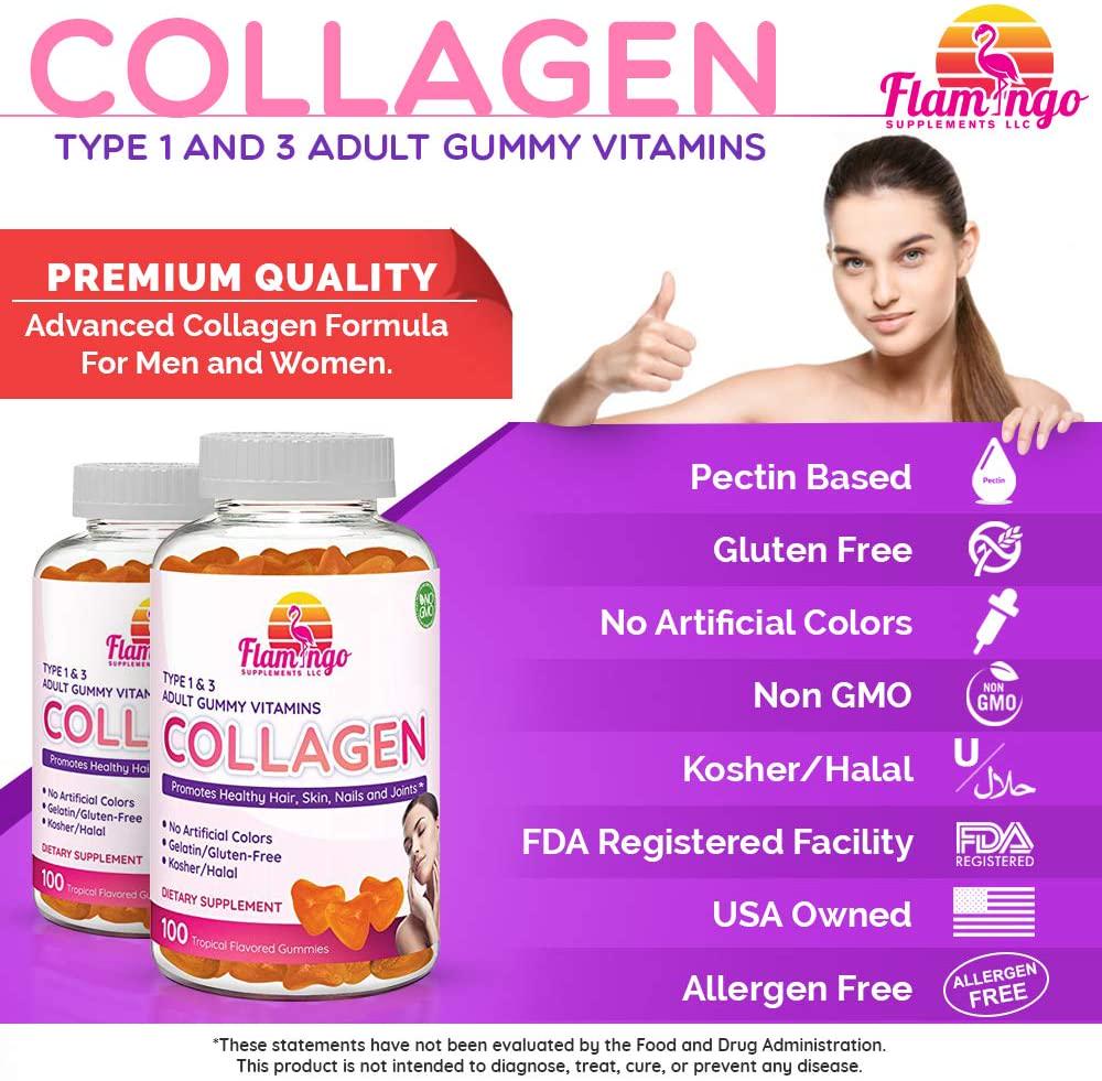 Flamingo Supplements - Hydrolyzed Collagen Gummies Type I and III | Kosher and Halal, No Gelatin, Non GMO | Strengthen Hair, Skin, Nails and Joint Care | Tropical Flavor | 100 Count