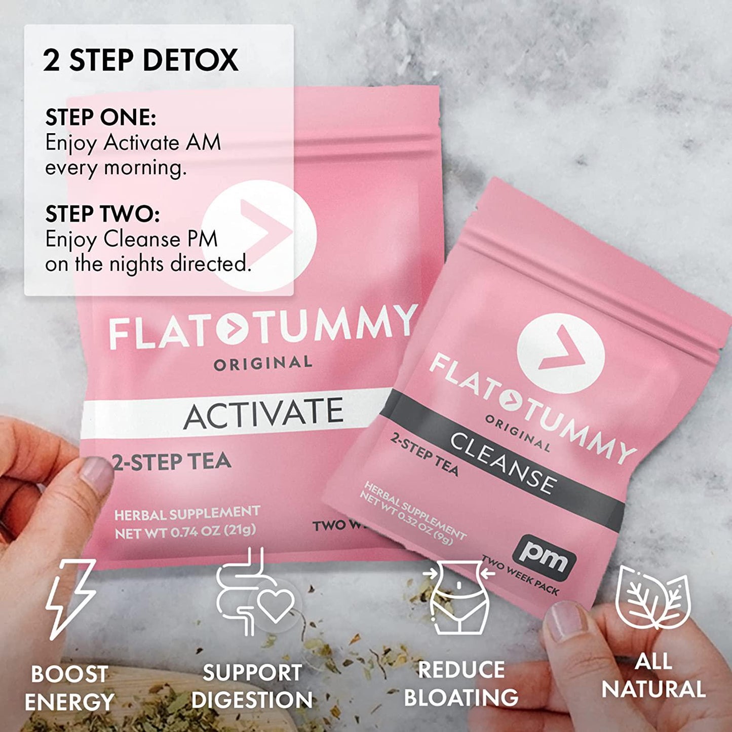 Flat Tummy Detox Tea 2-step, 4 Week Program Detox Tea to Boost Energy and Reduce Bloating* - All Natural Cleanse w/ Green Tea, Lemon Balm, Dandelion, Fennel, and More - Digestion support