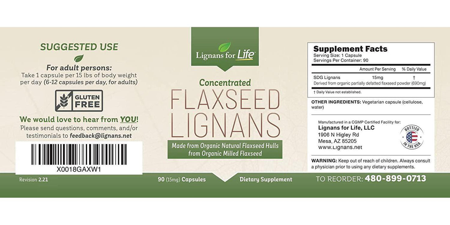 Flaxseed Lignans - 15 mg Organic Flaxseed for Dogs - 90ct 15mg Capsules - Lignans for Life