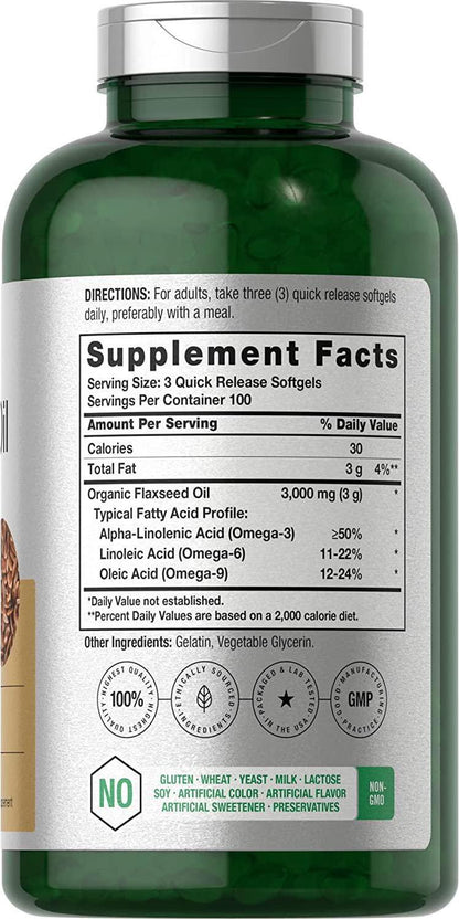 Flaxseed Oil Softgels 3000mg | 300 Count | High Potency | with Omega 3 6 9 | Non-GMO, Gluten Free | Cold Pressed Flax Seed | by Horbaach