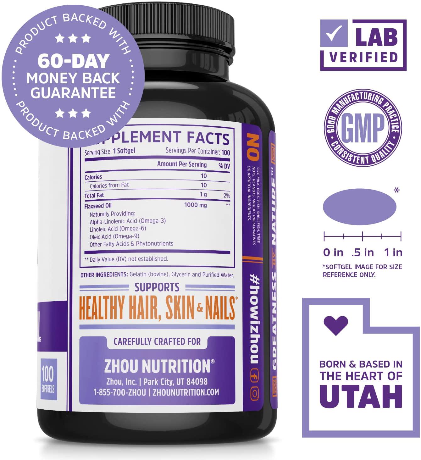 Flaxseed Oil Softgels To Support Heart Health and Healthy Hair, Skin and Nails - Cold-Pressed - Essential Omega 3 6 9 Fatty Acids - 1000 mg per serving, 100 Count