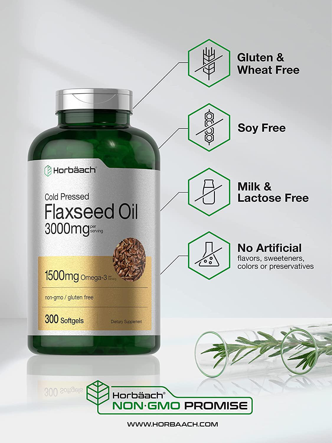 Flaxseed Oil Softgels 3000mg | 300 Count | High Potency | with Omega 3 6 9 | Non-GMO, Gluten Free | Cold Pressed Flax Seed | by Horbaach