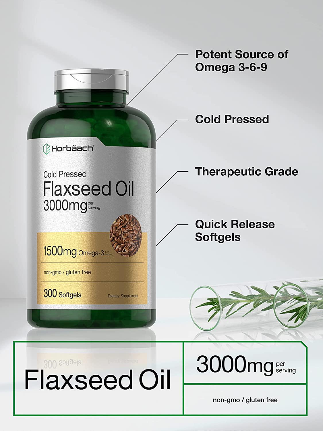 Flaxseed Oil Softgels 3000mg | 300 Count | High Potency | with Omega 3 6 9 | Non-GMO, Gluten Free | Cold Pressed Flax Seed | by Horbaach