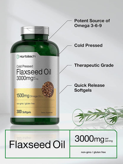 Flaxseed Oil Softgels 3000mg | 300 Count | High Potency | with Omega 3 6 9 | Non-GMO, Gluten Free | Cold Pressed Flax Seed | by Horbaach